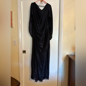 Long navy blue gown with attached cape
